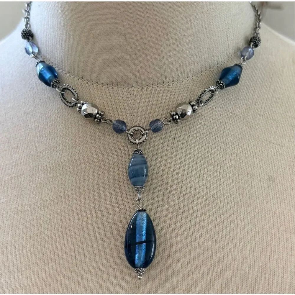 Lia Sophia Blue Art Glass Y Drop Necklace